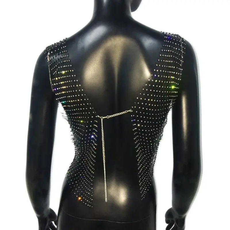 Fishnet Rhinestone Crop Top - Sheer Mesh Tank with Crystal Diamonds