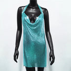 Metal Sequin Halter Mini Dress - Backless V-Neck Side Split Dress