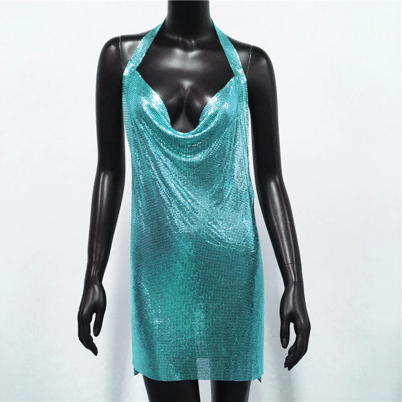 Metal Sequin Halter Mini Dress - Backless V-Neck Side Split Dress