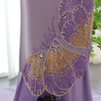 Scalloped Beaded Evening Gown | O-Neck | Coral Pink & Lilac