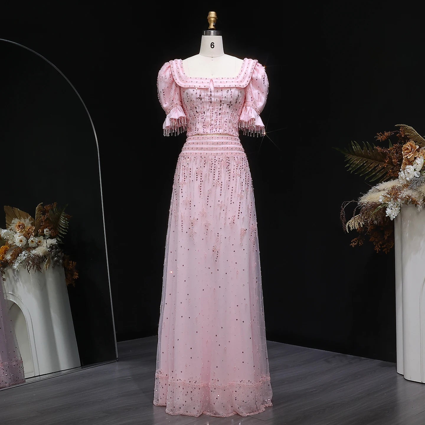Crystal Two-Piece A-Line Gown | Puff Sleeves | Square Neck