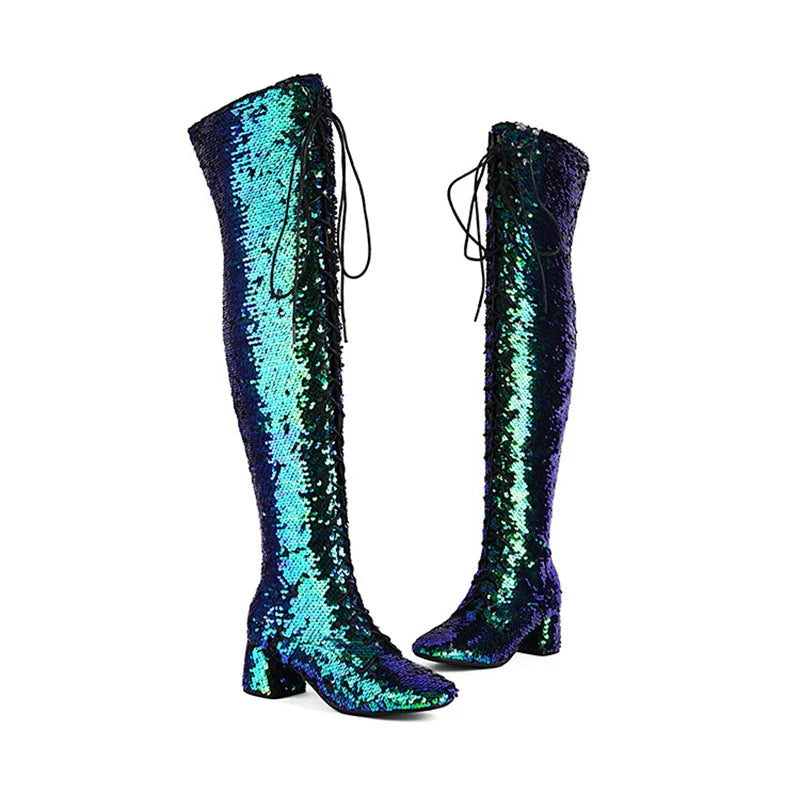 Glitter Sequin Over-the-Knee Boots | Lace-Up | 6cm Block Heel