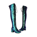 Glitter Sequin Over-the-Knee Boots | Lace-Up | 6cm Block Heel