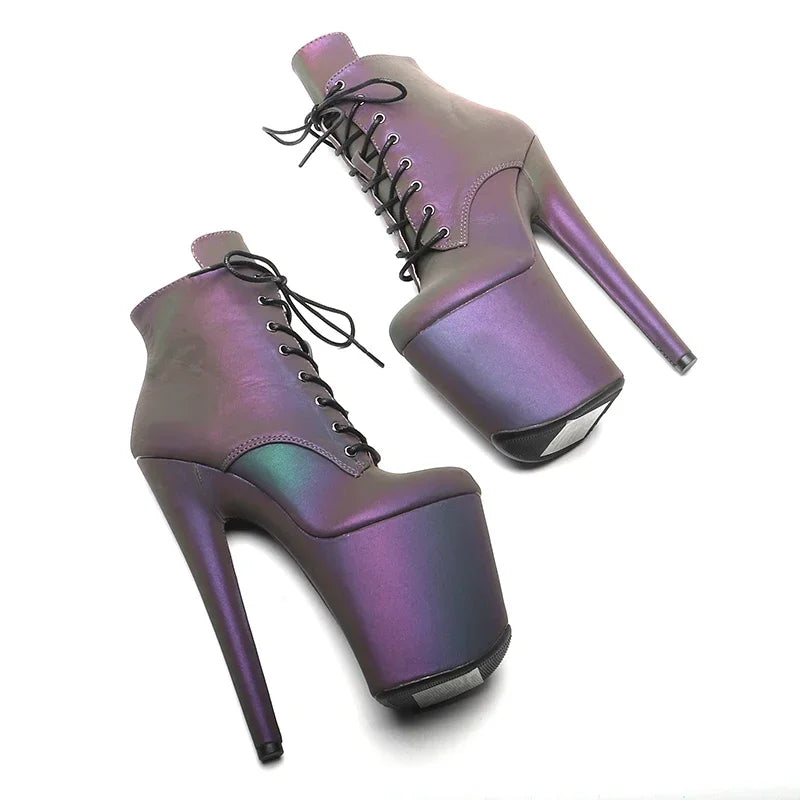 8-Inch Reflective Platform Ankle Boots - Peep Toe Ankle Strap Dance Boots