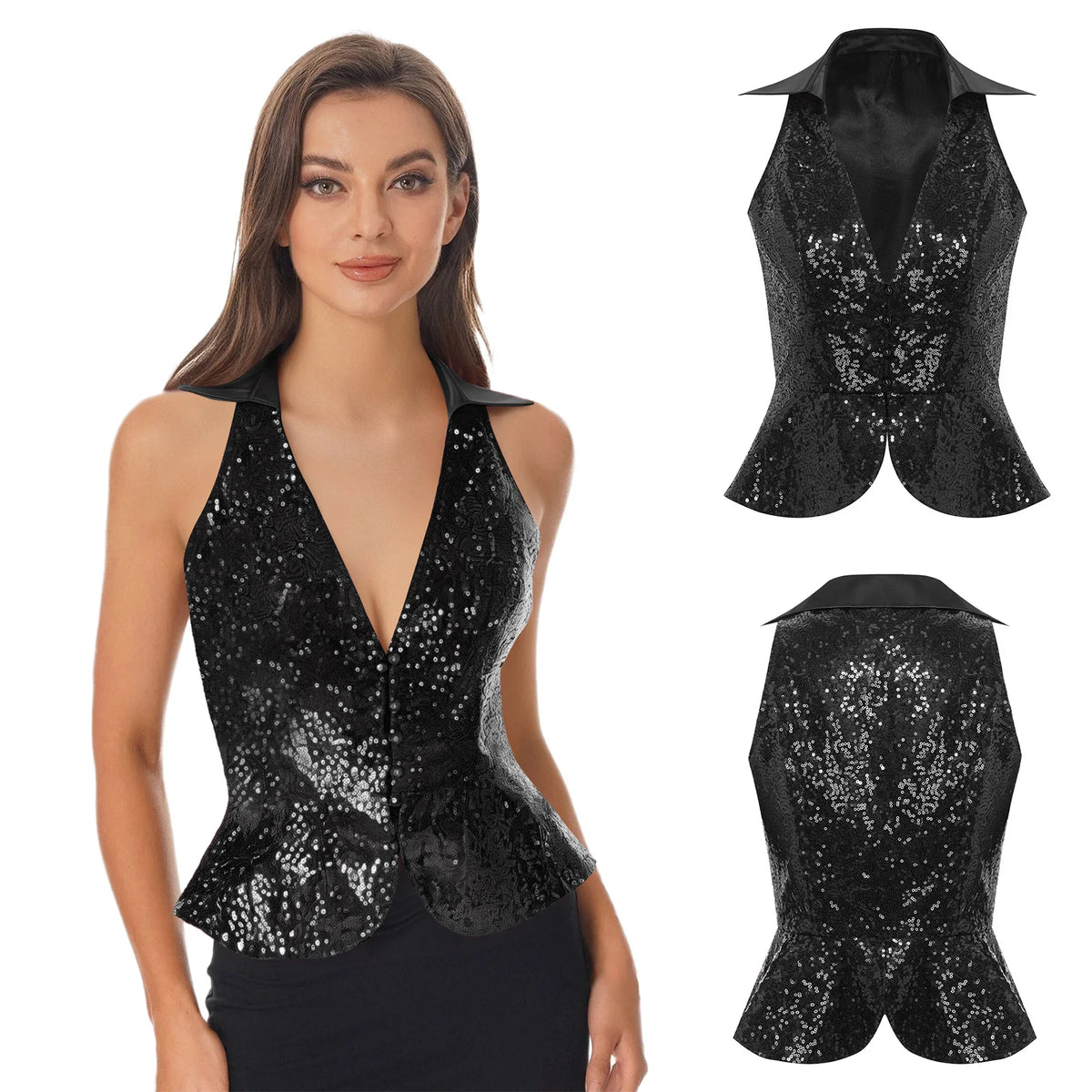 Sequin Lapel Peplum Vest | Sleeveless | Jazz, Cabaret & Stage Performance