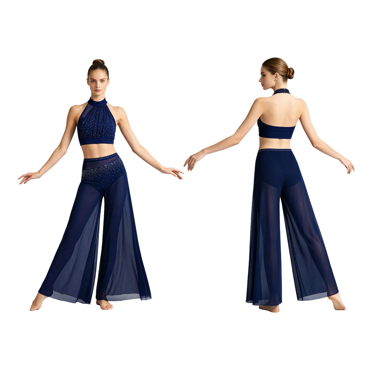 Rhinestone Crop Top & Sheer Pants Set | Lyrical Dance | Built-In Brief