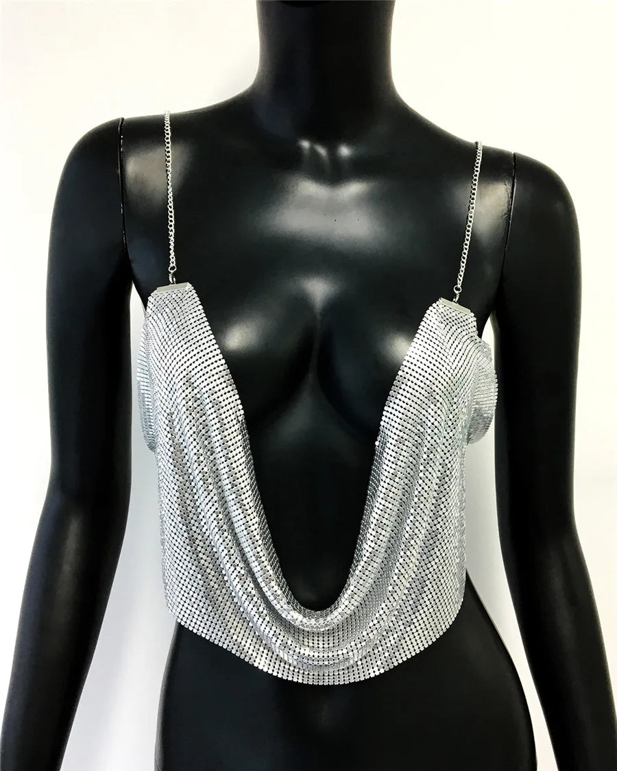 Metallic Sequin Halter Crop Top - Backless Deep V-Neck