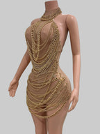 Gold Chain Sheer Mini Dress - Luxury See-Through Bodycon for Singers & Performers