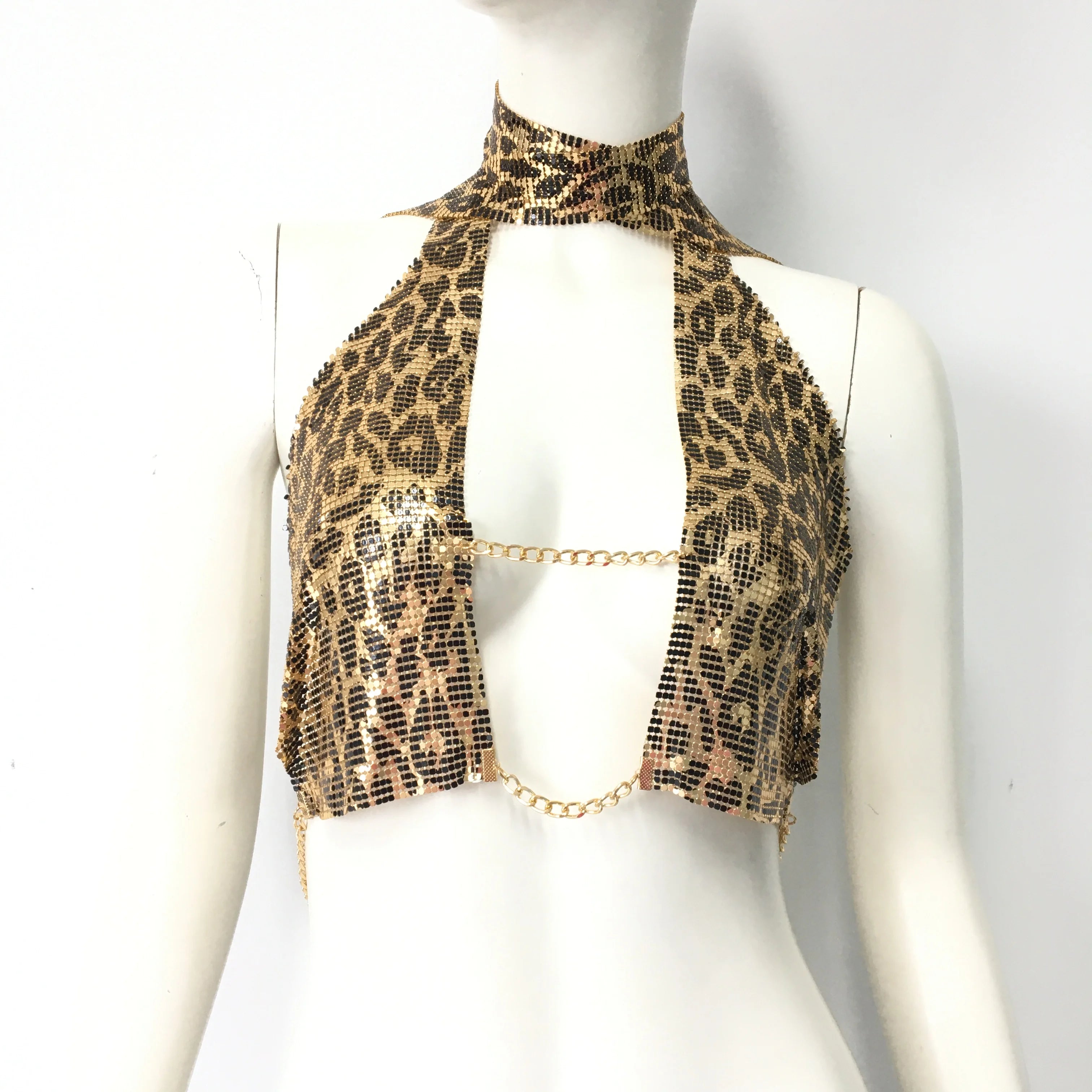 Leopard Print Sequin Halter Crop Top - Metallic Animal Print Festival Top