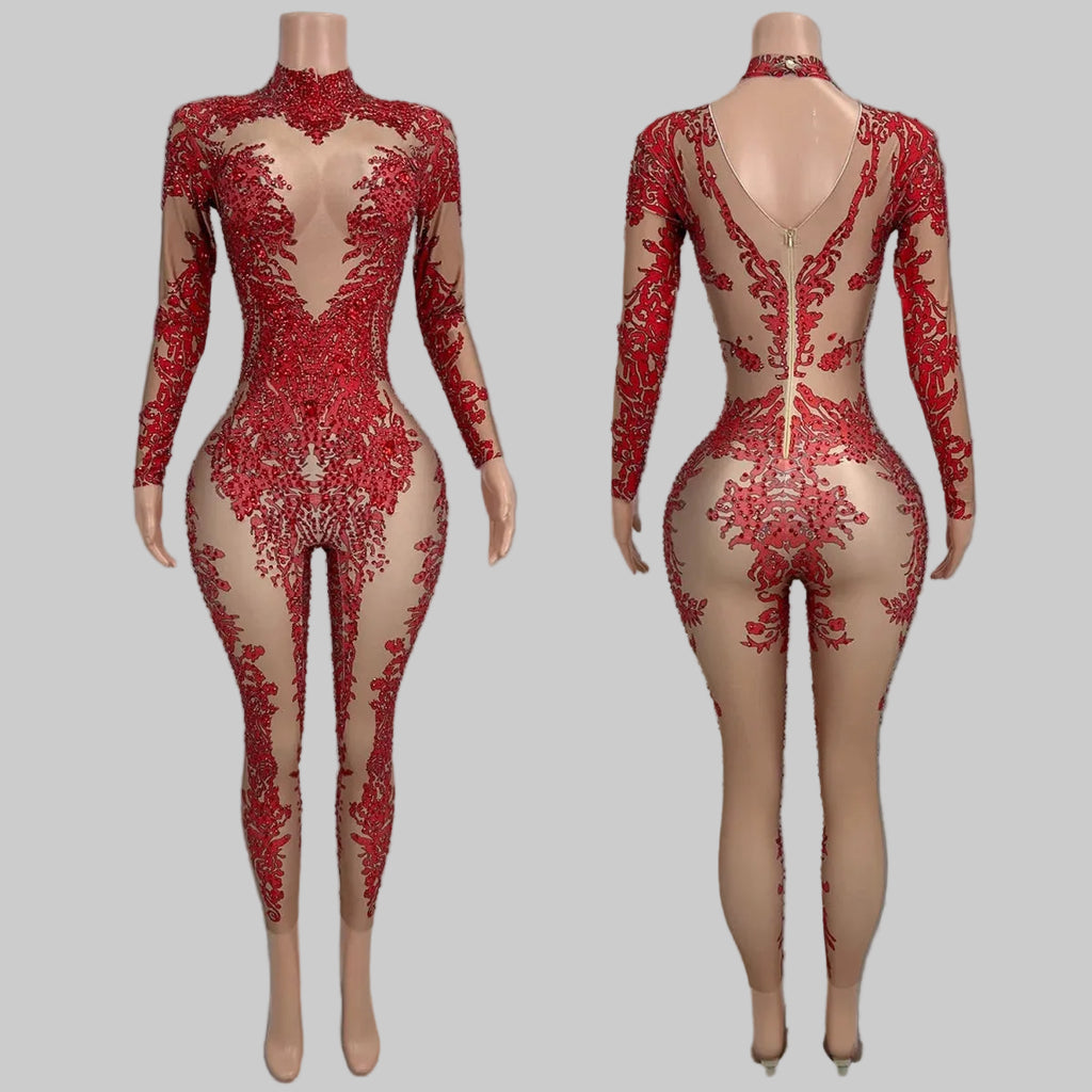Rhinestone Print Bodycon Jumpsuit - Sparkly Spandex Catsuit for Club & Stage