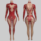 Rhinestone Print Bodycon Jumpsuit - Sparkly Spandex Catsuit for Club & Stage