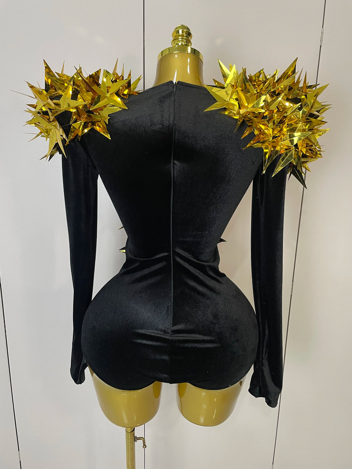 3D Gold Leaf Spike Bodysuit | Velvet Long Sleeve | Stage & Performance
