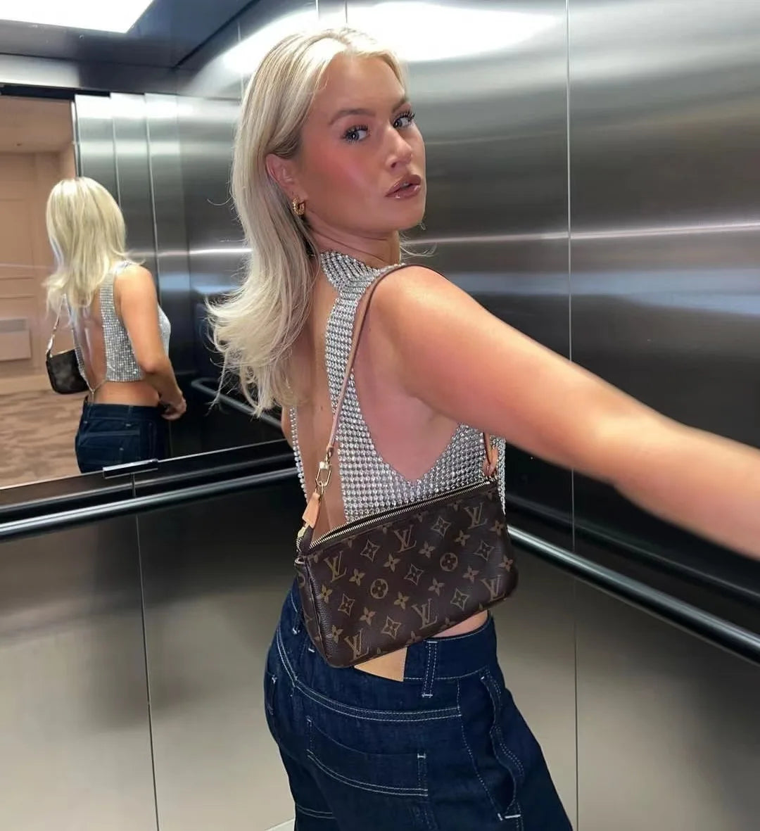 Rhinestone Backless Camisole - Sequin Metal Tank Top