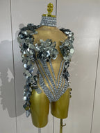 Silver Mirror Gem Bodysuit | Sculptural Shoulders | Stage