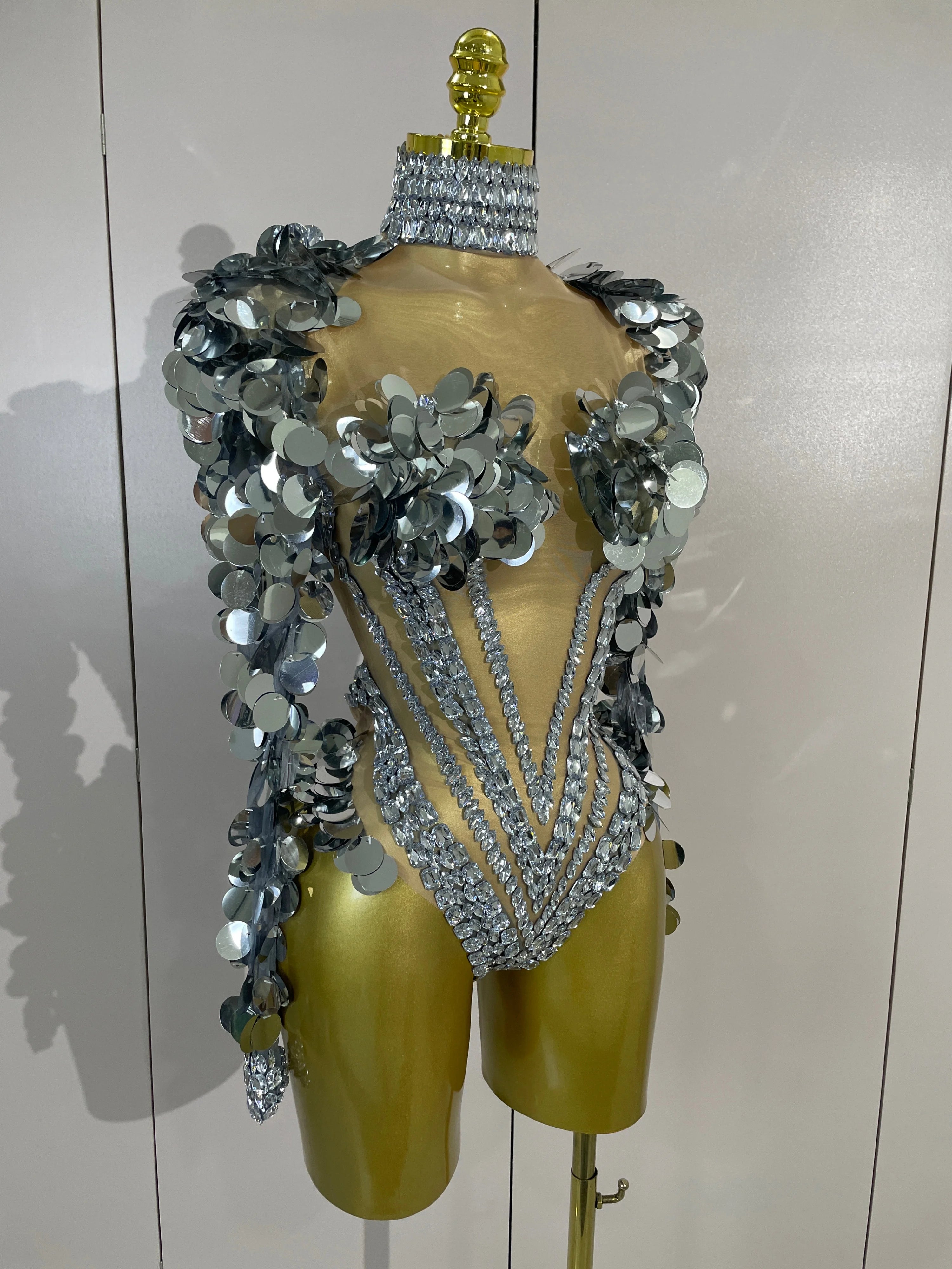 Silver Mirror Gem Bodysuit | Sculptural Shoulders | Stage