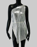 Metal Sequin One-Shoulder Mini Dress - Backless Side Split Party Dress