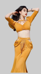 Belly Dance Training Outfit - Fringe Top & Fishtail Skirt 3-Piece Set