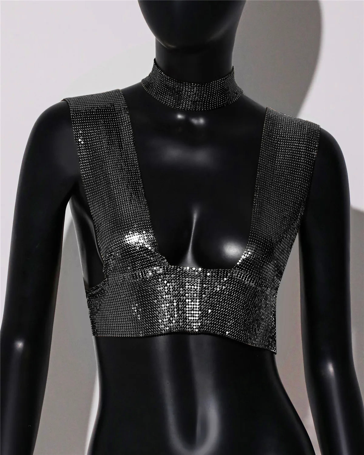 Sequin Choker Crop Top - Backless V-Neck Performance Cami