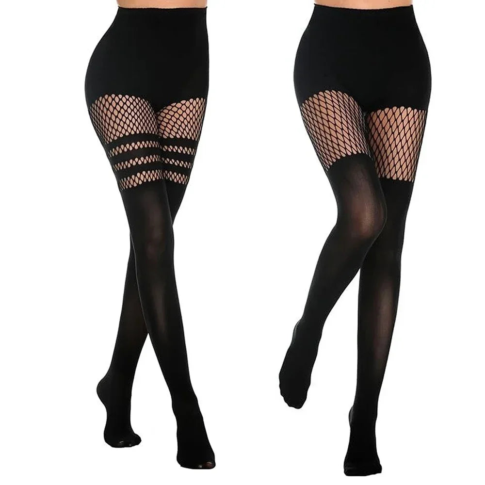 Black Hollow-Out Fishnet Tights | Stripe, Patchwork & Suspender | One Size