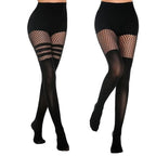 Black Hollow-Out Fishnet Tights | Stripe, Patchwork & Suspender | One Size