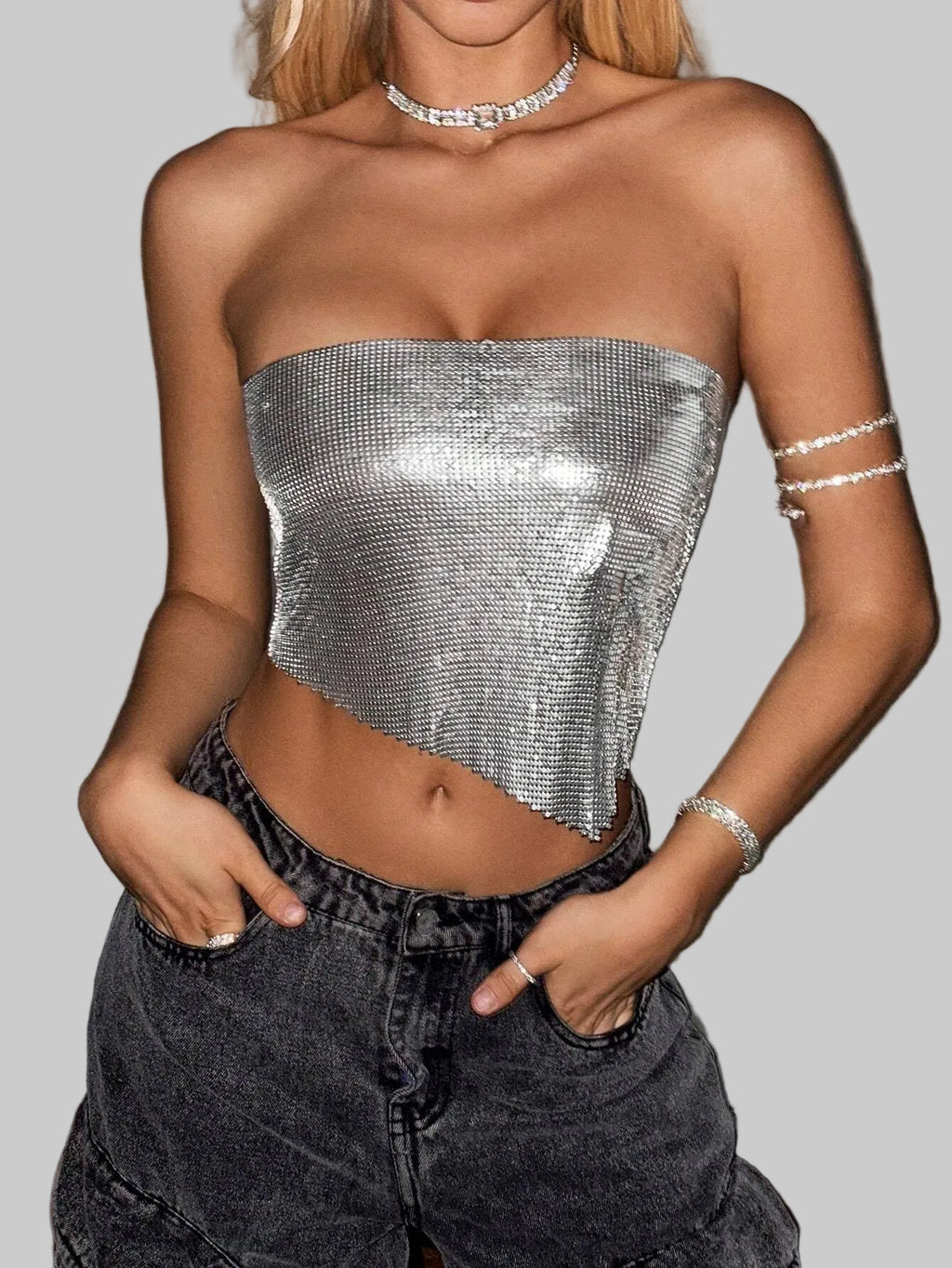 Metal Sequin Bandage Tube Top Off-Shoulder