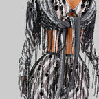 Black & White Stripes Tassel Flared Pants Coat – 2 Piece Stage Outfit
