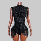Sexy Mesh Sheer Black Rhinestone Bodysuit