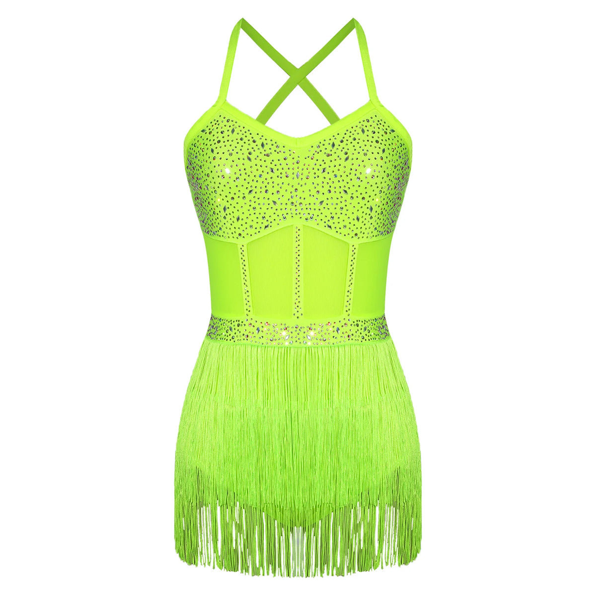 Women's Rhinestone Fringe Latin Dance Dress | Sheer Mesh & Tiered Tassel Skirt | Includes Arm Gloves