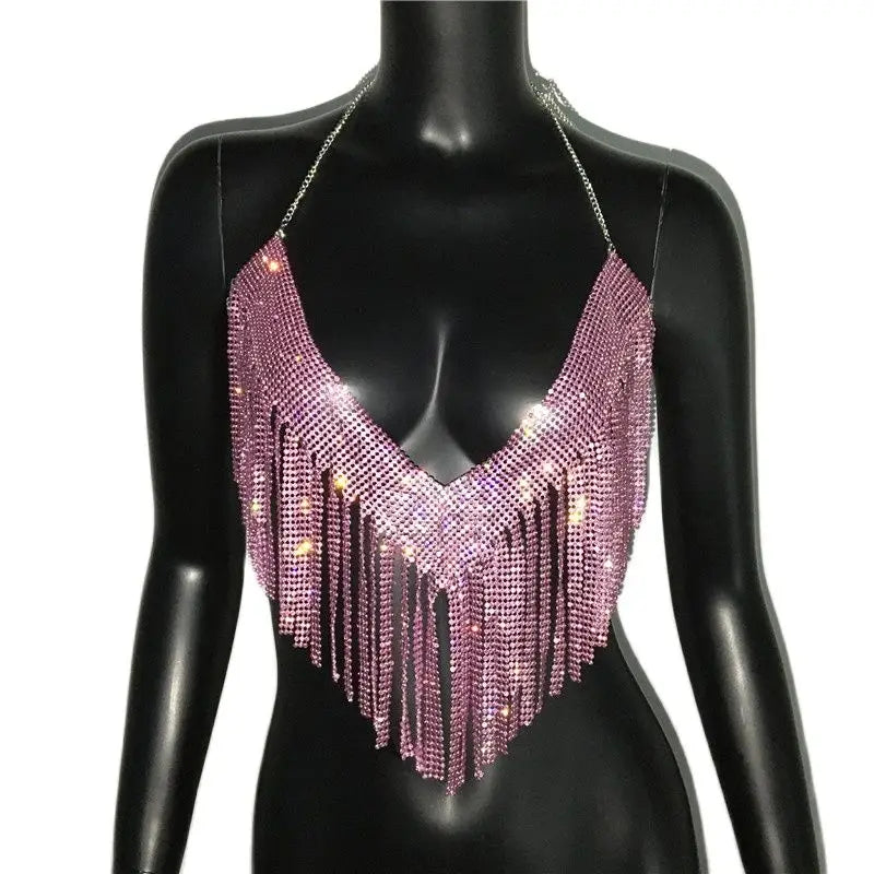 Rhinestone Tassel Halter Crop Top - Backless Sequin Party Top