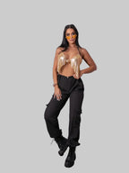 Metallic Sequin Halter Crop Top - Deep V-Neck Backless