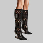 Hollow-Out Knee-High Boots - Patchwork Design with Metal Toe Cap