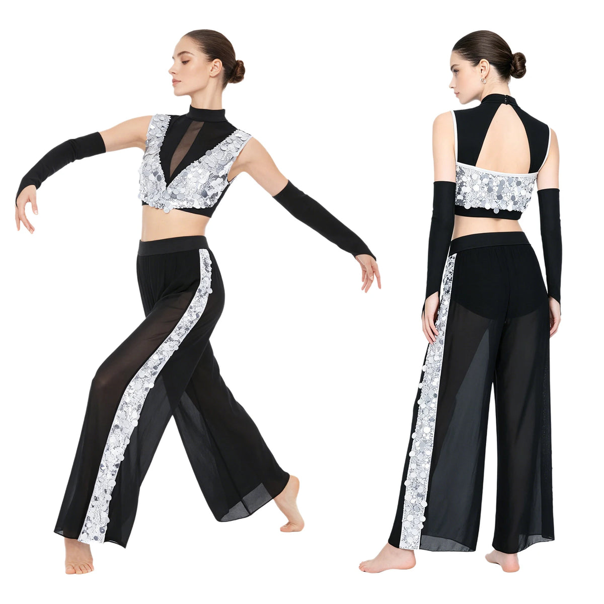 Rhinestone Crop Top & Sheer Pants Set | Lyrical Dance | Built-In Brief