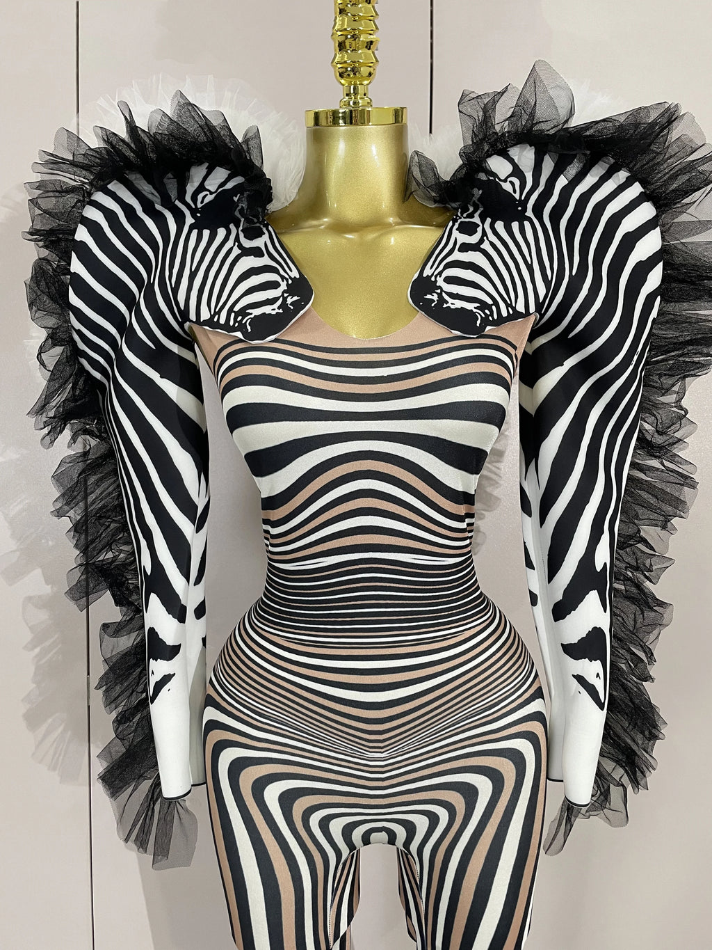 Zebra Stripe Stage Jumpsuit | Feather Trim | S–XL