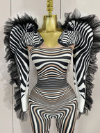 Zebra Stripe Stage Jumpsuit | Feather Trim | S–XL