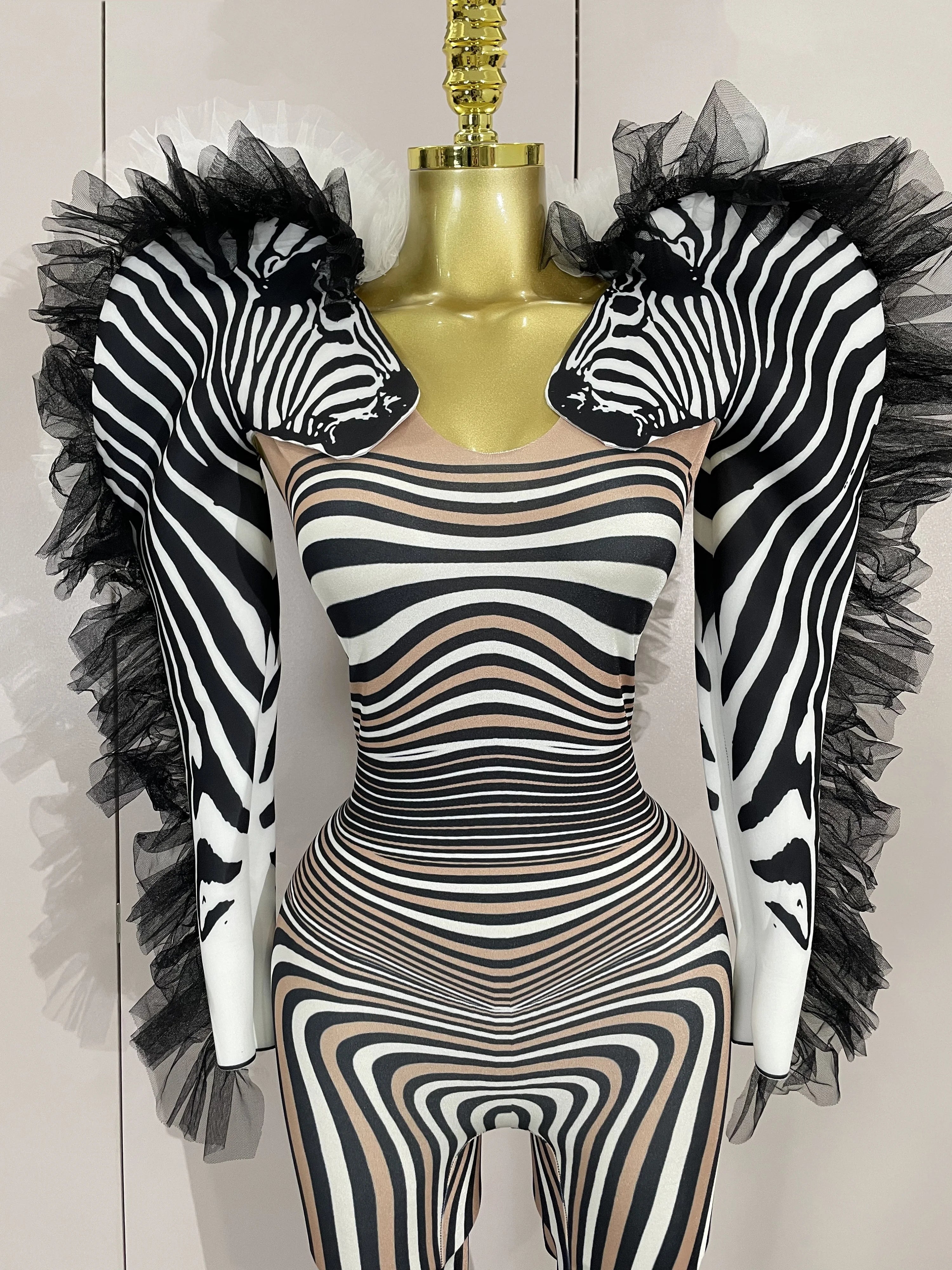 Zebra Stripe Stage Jumpsuit | Feather Trim | S–XL