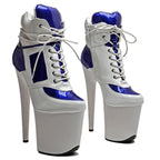 8-Inch Patent Platform Boots - White Blue Ankle Dance Boots