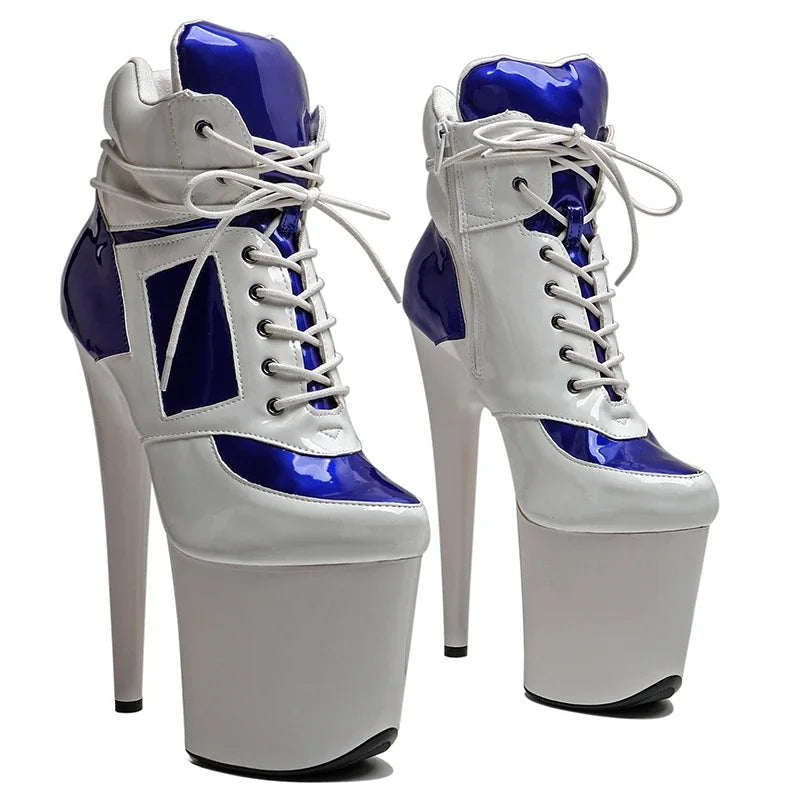 8-Inch Patent Platform Boots - White Blue Ankle Dance Boots