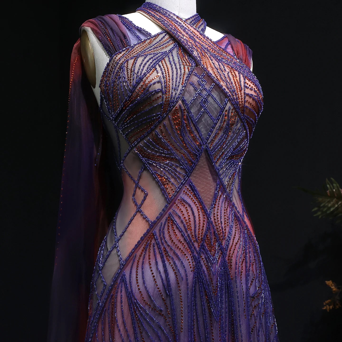 Purple Ombre Beaded Halter Pageant Gown | Criss-Cross Back | Sweep Train