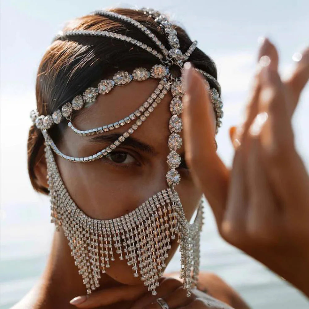 Rhinestone Chain Veil Mask | Crystal Face Jewelry | 15 Styles