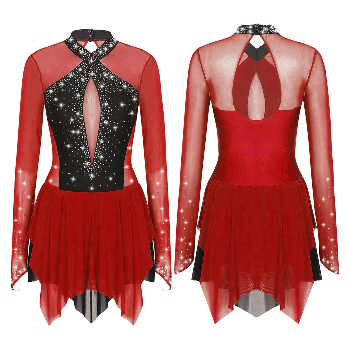 Rhinestone Mesh Skating Dress | Long Sleeve | Backless