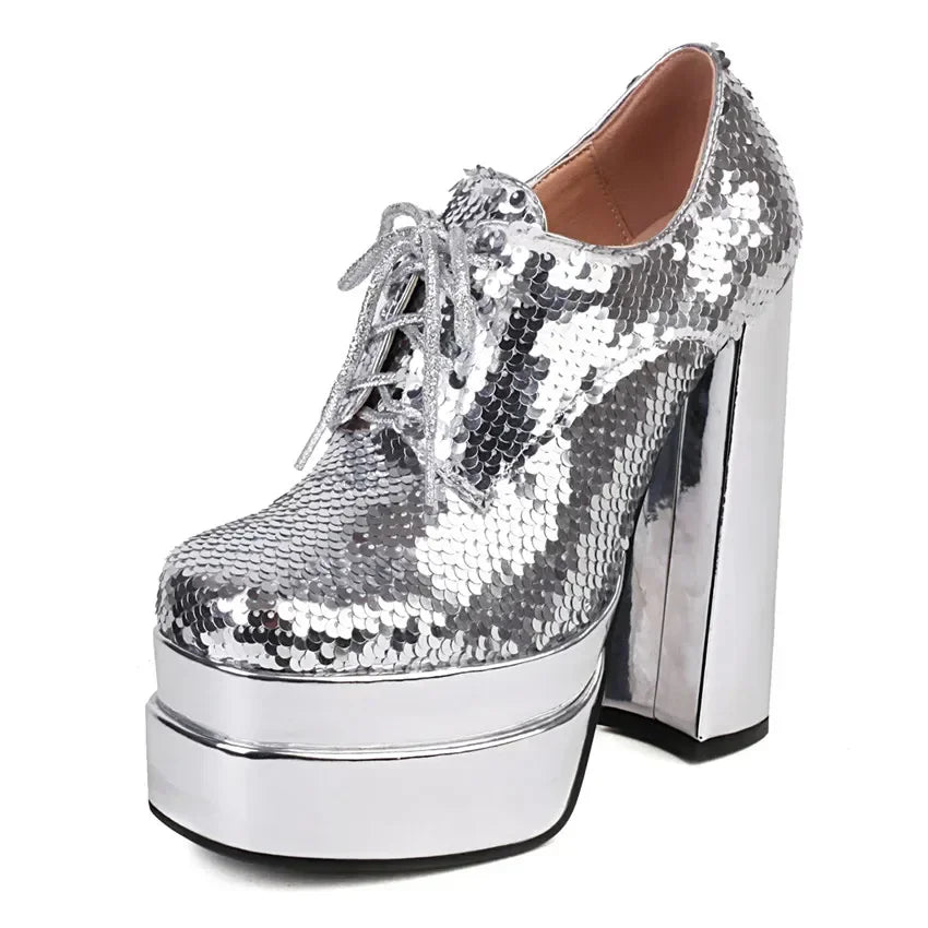 Platform Derby Heels | Sequin Sparkle | 14.5cm