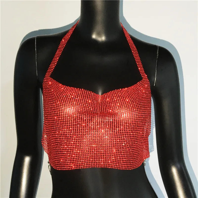 Rhinestone Sequin Halter Crop Top - Backless Metallic Strap Tank for Festival