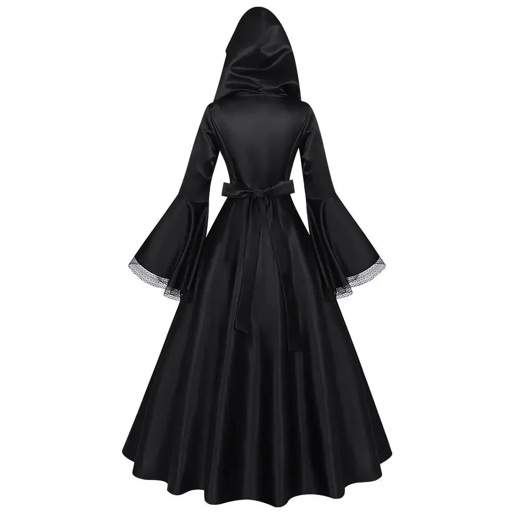 Gothic Hooded Witch Gown | Corset Lace-Up | Bell Sleeve Maxi Dress