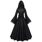 Gothic Hooded Witch Gown | Corset Lace-Up | Bell Sleeve Maxi Dress