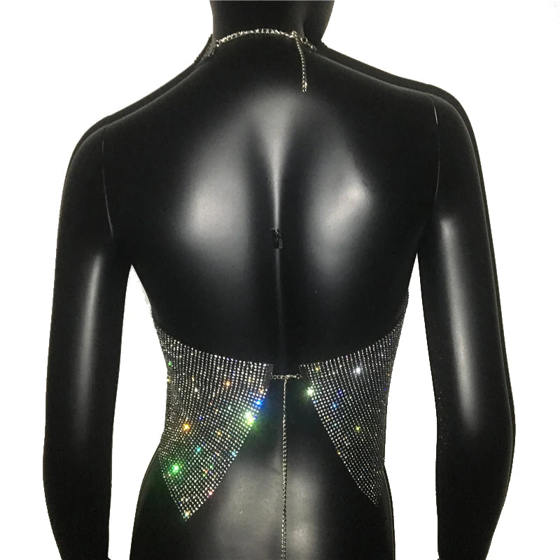 Crystal Rhinestone Metal Chain Halter Crop Top - Backless Tank