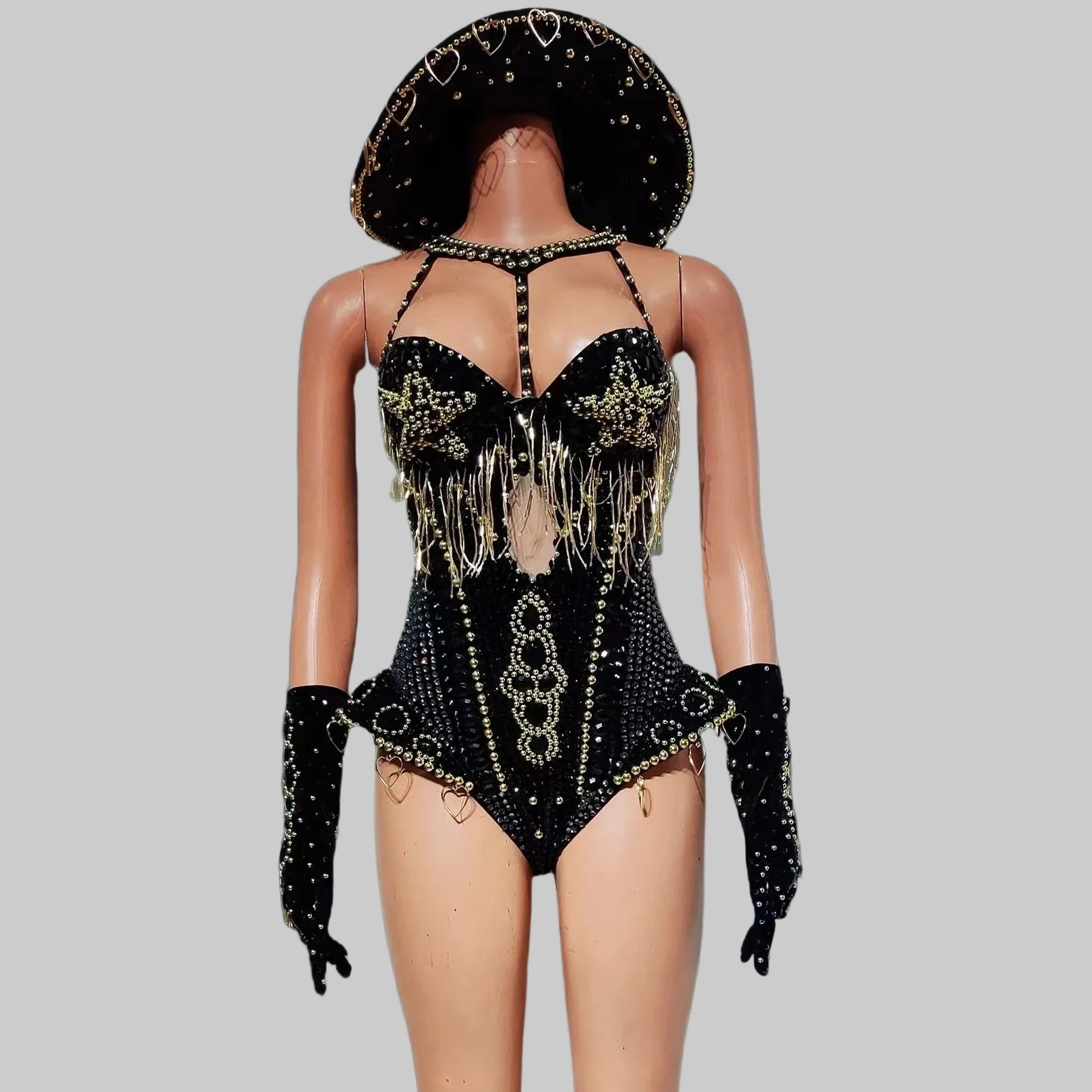 Rhinestone Bodysuit 4-Piece Set - Sparkly Showgirl Outfit with Flare Pants & Crystals