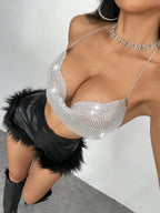 Shiny Rhinestone Deep V-Neck Crop Top - Backless Party Camisole