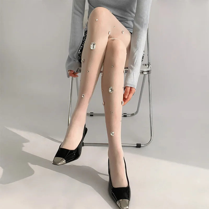 Rhinestone Sheer Pantyhose | See-Through Tights | One Size