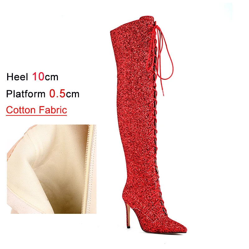 Sequin Over-the-Knee Boots | Lace-Up | 10cm Heel
