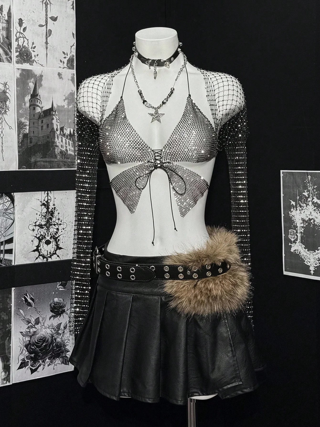 Rhinestone Mesh 2-Piece Set - Crop Top & Sheer Cover-Up